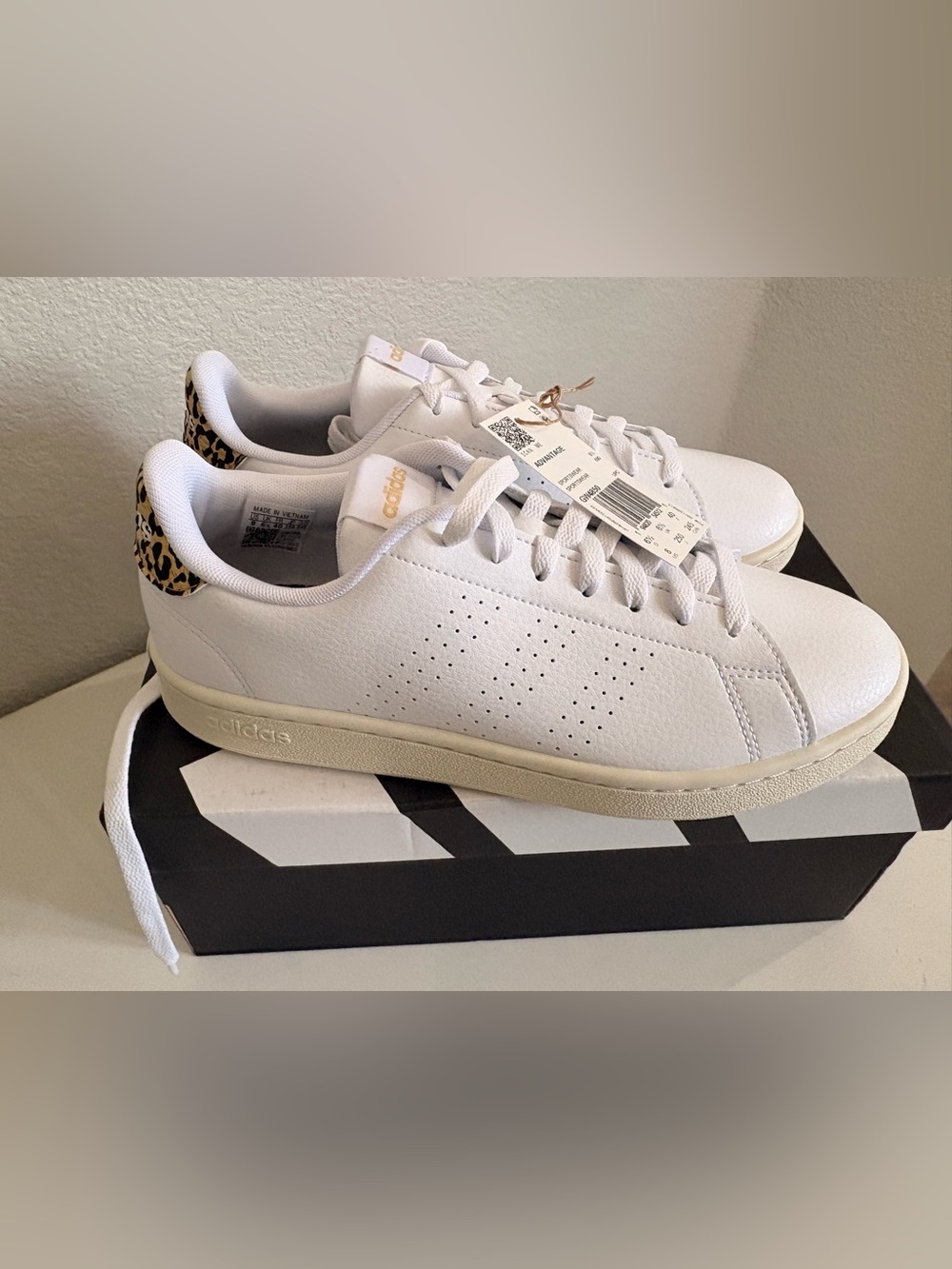 adidas White Leather Sneakers with Leopard Heel Tab and Gold Logo